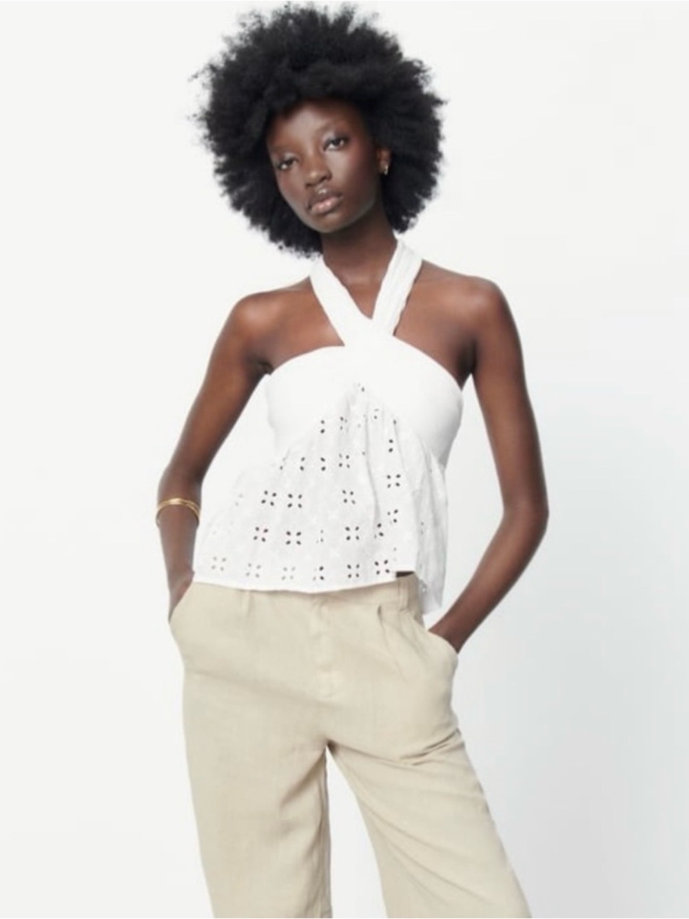 Zara twist neck, white Eyelet Halter Tank Top